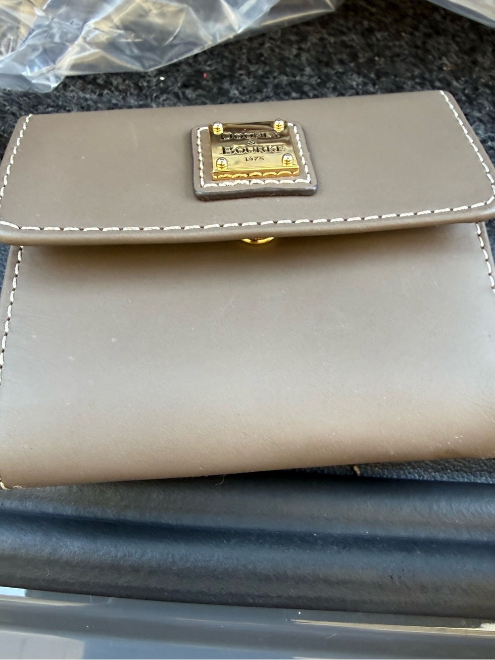Dooney & Bourke Taupe Leather Compact Wallet with Gold Plate